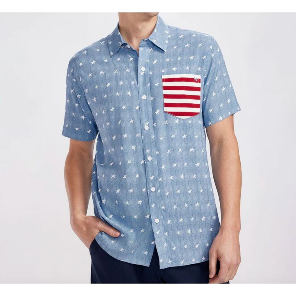Tipsy Elves Patriotic Americana Button Down Short Sleeve Shirt Blue White Red XL